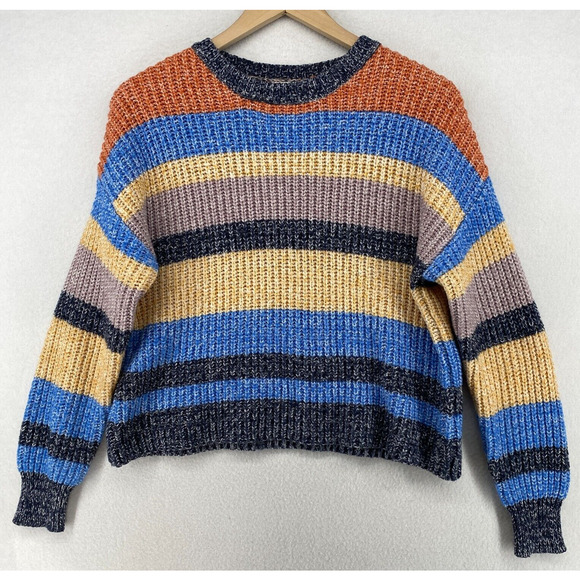 C&C CALIFORNIA Sweater L Ribbed Striped Jumper Pullover Blue Orange - Picture 1 of 12